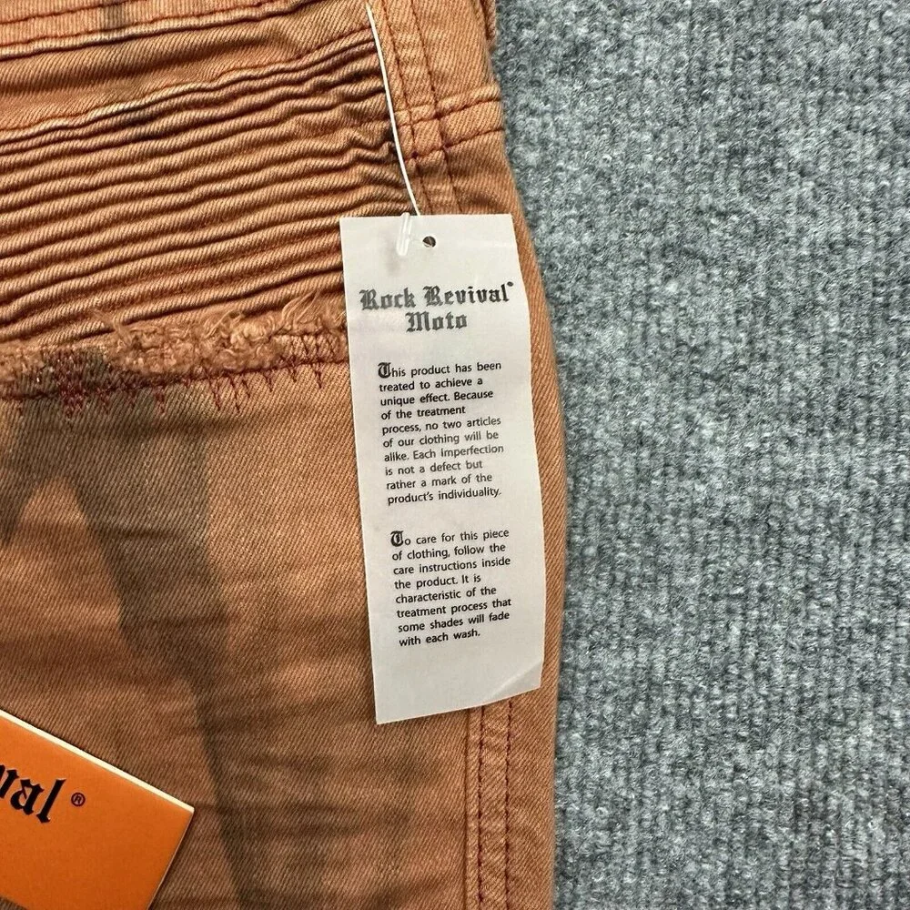 Rock Revival Moto Ivan Jeans Sz 40 Orange Slim Stretch Biker Y2K Distressed NWT